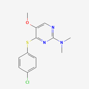 molecular formula C13H14ClN3OS B2954382 N-{4-[(4-chlorophenyl)sulfanyl]-5-methoxy-2-pyrimidinyl}-N,N-dimethylamine CAS No. 400082-33-9