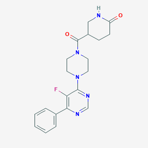 molecular formula C20H22FN5O2 B2954386 5-[4-(5-Fluoro-6-phenylpyrimidin-4-yl)piperazine-1-carbonyl]piperidin-2-one CAS No. 2415518-25-9