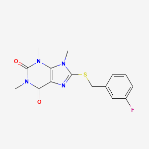 molecular formula C15H15FN4O2S B2954508 8-[(3-Fluorophenyl)methylsulfanyl]-1,3,9-trimethylpurine-2,6-dione CAS No. 897453-12-2