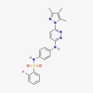 molecular formula C22H21FN6O2S B2954587 2-氟-N-(4-((6-(3,4,5-三甲基-1H-吡唑-1-基)哒嗪-3-基)氨基)苯基)苯磺酰胺 CAS No. 1014048-69-1