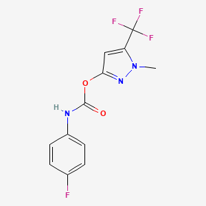 molecular formula C12H9F4N3O2 B2954607 1-甲基-5-(三氟甲基)-1H-吡唑-3-基 N-(4-氟苯基)氨基甲酸酯 CAS No. 477713-74-9