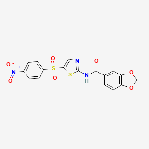 molecular formula C17H11N3O7S2 B2954649 N-(5-((4-nitrophenyl)sulfonyl)thiazol-2-yl)benzo[d][1,3]dioxole-5-carboxamide CAS No. 349441-17-4