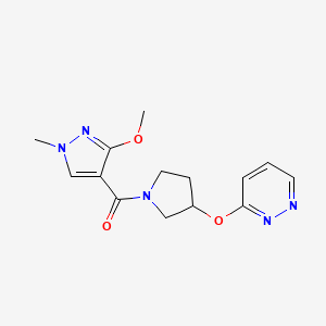 molecular formula C14H17N5O3 B2954658 (3-methoxy-1-methyl-1H-pyrazol-4-yl)(3-(pyridazin-3-yloxy)pyrrolidin-1-yl)methanone CAS No. 2034580-14-6
