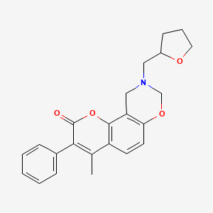 molecular formula C23H23NO4 B2954659 4-methyl-3-phenyl-9-((tetrahydrofuran-2-yl)methyl)-9,10-dihydrochromeno[8,7-e][1,3]oxazin-2(8H)-one CAS No. 946235-17-2