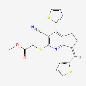 molecular formula C21H16N2O2S3 B2954702 (Z)-methyl 2-((3-cyano-4-(thiophen-2-yl)-7-(thiophen-2-ylmethylene)-6,7-dihydro-5H-cyclopenta[b]pyridin-2-yl)thio)acetate CAS No. 328107-13-7