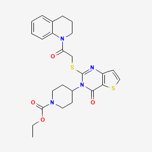 molecular formula C25H28N4O4S2 B2954712 4-(2-((2-(3,4-二氢喹啉-1(2H)-基)-2-氧代乙基)硫代)-4-氧代噻吩并[3,2-d]嘧啶-3(4H)-基)哌啶-1-甲酸乙酯 CAS No. 1788532-69-3