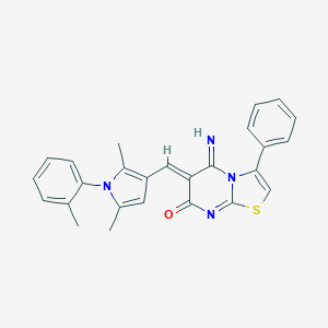 molecular formula C26H22N4OS B295473 6-{[2,5-dimethyl-1-(2-methylphenyl)-1H-pyrrol-3-yl]methylene}-5-imino-3-phenyl-5,6-dihydro-7H-[1,3]thiazolo[3,2-a]pyrimidin-7-one 