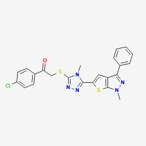molecular formula C23H18ClN5OS2 B2954742 1-(4-chlorophenyl)-2-{[4-methyl-5-(1-methyl-3-phenyl-1H-thieno[2,3-c]pyrazol-5-yl)-4H-1,2,4-triazol-3-yl]sulfanyl}-1-ethanone CAS No. 478067-21-9