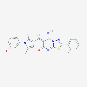 molecular formula C25H20FN5OS B295479 6-{[1-(3-fluorophenyl)-2,5-dimethyl-1H-pyrrol-3-yl]methylene}-5-imino-2-(2-methylphenyl)-5,6-dihydro-7H-[1,3,4]thiadiazolo[3,2-a]pyrimidin-7-one 