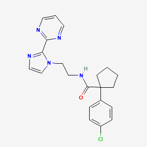 molecular formula C21H22ClN5O B2954834 1-(4-chlorophenyl)-N-(2-(2-(pyrimidin-2-yl)-1H-imidazol-1-yl)ethyl)cyclopentanecarboxamide CAS No. 1448054-29-2