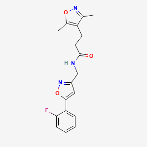 molecular formula C18H18FN3O3 B2954860 3-(3,5-dimethylisoxazol-4-yl)-N-((5-(2-fluorophenyl)isoxazol-3-yl)methyl)propanamide CAS No. 1209629-65-1
