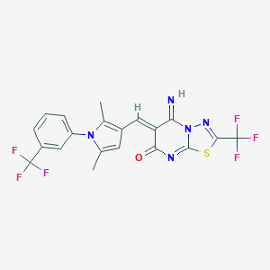 molecular formula C20H13F6N5OS B295496 6-({2,5-dimethyl-1-[3-(trifluoromethyl)phenyl]-1H-pyrrol-3-yl}methylene)-5-imino-2-(trifluoromethyl)-5,6-dihydro-7H-[1,3,4]thiadiazolo[3,2-a]pyrimidin-7-one 