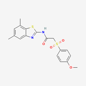 molecular formula C18H18N2O4S2 B2954984 N-(5,7-二甲基苯并[d]噻唑-2-基)-2-((4-甲氧基苯基)磺酰基)乙酰胺 CAS No. 941901-88-8