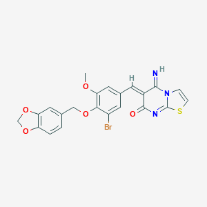 molecular formula C22H16BrN3O5S B295505 6-[4-(1,3-benzodioxol-5-ylmethoxy)-3-bromo-5-methoxybenzylidene]-5-imino-5,6-dihydro-7H-[1,3]thiazolo[3,2-a]pyrimidin-7-one 