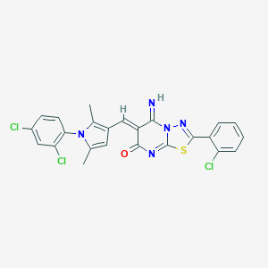 molecular formula C24H16Cl3N5OS B295506 2-(2-chlorophenyl)-6-{[1-(2,4-dichlorophenyl)-2,5-dimethyl-1H-pyrrol-3-yl]methylene}-5-imino-5,6-dihydro-7H-[1,3,4]thiadiazolo[3,2-a]pyrimidin-7-one 