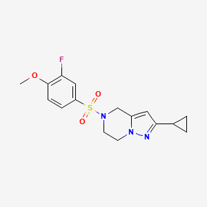 molecular formula C16H18FN3O3S B2955091 2-Cyclopropyl-5-((3-fluoro-4-methoxyphenyl)sulfonyl)-4,5,6,7-tetrahydropyrazolo[1,5-a]pyrazine CAS No. 2034606-29-4