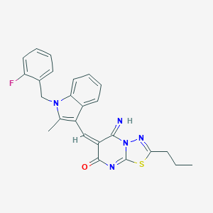 molecular formula C25H22FN5OS B295512 (6E)-6-[[1-[(2-fluorophenyl)methyl]-2-methylindol-3-yl]methylidene]-5-imino-2-propyl-[1,3,4]thiadiazolo[3,2-a]pyrimidin-7-one 