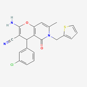 molecular formula C21H16ClN3O2S B2955132 2-amino-4-(3-chlorophenyl)-7-methyl-5-oxo-6-(thiophen-2-ylmethyl)-5,6-dihydro-4H-pyrano[3,2-c]pyridine-3-carbonitrile CAS No. 638138-86-0