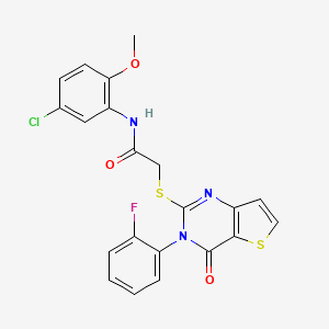 molecular formula C21H15ClFN3O3S2 B2955136 N-(5-chloro-2-methoxyphenyl)-2-{[3-(2-fluorophenyl)-4-oxo-3,4-dihydrothieno[3,2-d]pyrimidin-2-yl]sulfanyl}acetamide CAS No. 1260926-77-9