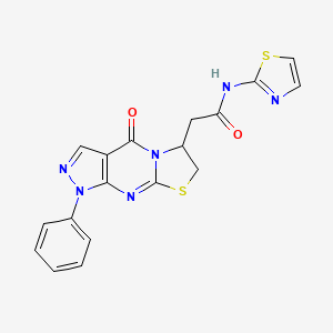 molecular formula C18H14N6O2S2 B2955164 2-(4-氧代-1-苯基-1,4,6,7-四氢吡唑并[3,4-d]噻唑并[3,2-a]嘧啶-6-基)-N-(噻唑-2-基)乙酰胺 CAS No. 941889-73-2