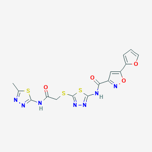 molecular formula C15H11N7O4S3 B2955253 5-(furan-2-yl)-N-(5-((2-((5-methyl-1,3,4-thiadiazol-2-yl)amino)-2-oxoethyl)thio)-1,3,4-thiadiazol-2-yl)isoxazole-3-carboxamide CAS No. 1351644-26-2