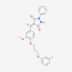molecular formula C27H26N2O5 B295530 (4E)-4-{3-methoxy-4-[3-(3-methylphenoxy)propoxy]benzylidene}-1-phenylpyrazolidine-3,5-dione 