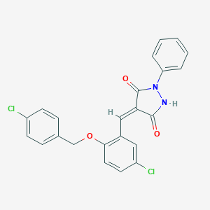 molecular formula C23H16Cl2N2O3 B295536 4-{5-Chloro-2-[(4-chlorobenzyl)oxy]benzylidene}-1-phenyl-3,5-pyrazolidinedione 