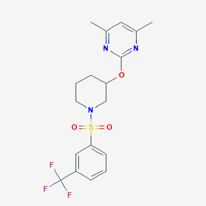 molecular formula C18H20F3N3O3S B2955404 4,6-Dimethyl-2-((1-((3-(trifluoromethyl)phenyl)sulfonyl)piperidin-3-yl)oxy)pyrimidine CAS No. 2034326-07-1