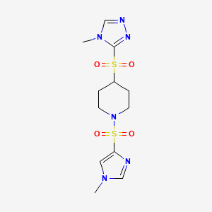 molecular formula C12H18N6O4S2 B2955438 1-((1-methyl-1H-imidazol-4-yl)sulfonyl)-4-((4-methyl-4H-1,2,4-triazol-3-yl)sulfonyl)piperidine CAS No. 1448054-66-7