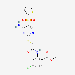 molecular formula C18H15ClN4O5S3 B2955602 Methyl 2-[({[4-amino-5-(2-thienylsulfonyl)pyrimidin-2-yl]thio}acetyl)amino]-4-chlorobenzoate CAS No. 1242902-48-2