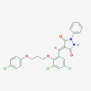 molecular formula C25H19Cl3N2O4 B295561 4-{3,5-Dichloro-2-[3-(4-chlorophenoxy)propoxy]benzylidene}-1-phenyl-3,5-pyrazolidinedione 