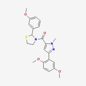 molecular formula C23H25N3O4S B2955621 (3-(2,5-dimethoxyphenyl)-1-methyl-1H-pyrazol-5-yl)(2-(3-methoxyphenyl)thiazolidin-3-yl)methanone CAS No. 2034614-55-4