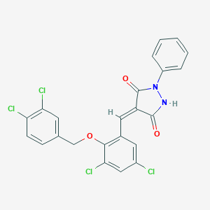 molecular formula C23H14Cl4N2O3 B295571 4-{3,5-Dichloro-2-[(3,4-dichlorobenzyl)oxy]benzylidene}-1-phenyl-3,5-pyrazolidinedione 