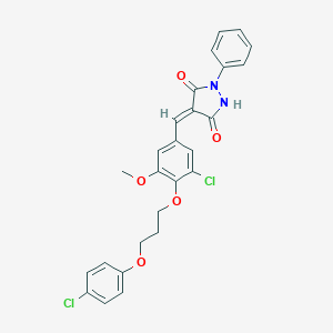 molecular formula C26H22Cl2N2O5 B295572 4-{3-Chloro-4-[3-(4-chlorophenoxy)propoxy]-5-methoxybenzylidene}-1-phenyl-3,5-pyrazolidinedione 