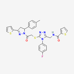 molecular formula C30H25FN6O2S3 B2955743 N-[[4-(4-fluorophenyl)-5-[2-[3-(4-methylphenyl)-5-thiophen-2-yl-3,4-dihydropyrazol-2-yl]-2-oxoethyl]sulfanyl-1,2,4-triazol-3-yl]methyl]thiophene-2-carboxamide CAS No. 362507-82-2