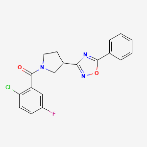 molecular formula C19H15ClFN3O2 B2955750 (2-Chloro-5-fluorophenyl)(3-(5-phenyl-1,2,4-oxadiazol-3-yl)pyrrolidin-1-yl)methanone CAS No. 2034602-15-6
