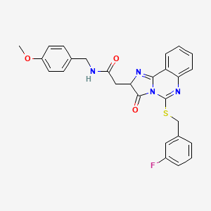molecular formula C27H23FN4O3S B2955772 2-[5-[(3-fluorophenyl)methylsulfanyl]-3-oxo-2H-imidazo[1,2-c]quinazolin-2-yl]-N-[(4-methoxyphenyl)methyl]acetamide CAS No. 1023456-25-8