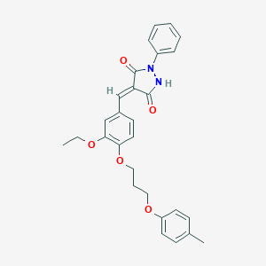 molecular formula C28H28N2O5 B295581 4-{3-Ethoxy-4-[3-(4-methylphenoxy)propoxy]benzylidene}-1-phenyl-3,5-pyrazolidinedione 