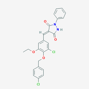 molecular formula C25H20Cl2N2O4 B295582 (4E)-4-{3-chloro-4-[(4-chlorobenzyl)oxy]-5-ethoxybenzylidene}-1-phenylpyrazolidine-3,5-dione 
