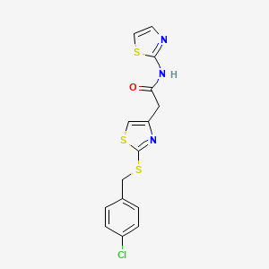molecular formula C15H12ClN3OS3 B2955854 2-(2-((4-chlorobenzyl)thio)thiazol-4-yl)-N-(thiazol-2-yl)acetamide CAS No. 954069-04-6
