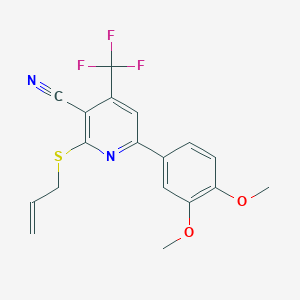 molecular formula C18H15F3N2O2S B2955874 2-(Allylthio)-6-(3,4-dimethoxyphenyl)-4-(trifluoromethyl)nicotinonitrile CAS No. 893753-19-0