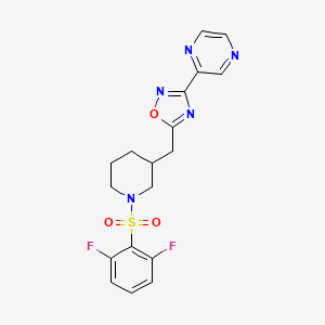 molecular formula C18H17F2N5O3S B2955942 5-((1-((2,6-二氟苯基)磺酰基)哌啶-3-基)甲基)-3-(吡嗪-2-基)-1,2,4-恶二唑 CAS No. 1706106-28-6