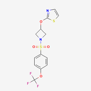 molecular formula C13H11F3N2O4S2 B2955947 2-((1-((4-(Trifluoromethoxy)phenyl)sulfonyl)azetidin-3-yl)oxy)thiazole CAS No. 1797875-23-0
