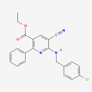 molecular formula C22H18ClN3O2 B2955969 Ethyl 6-[(4-chlorobenzyl)amino]-5-cyano-2-phenylnicotinate CAS No. 477866-12-9