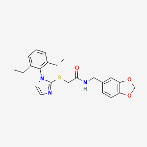 molecular formula C23H25N3O3S B2956040 N-(1,3-苯并二氧杂环-5-基甲基)-2-[1-(2,6-二乙基苯基)咪唑-2-基]硫代乙酰胺 CAS No. 893377-55-4