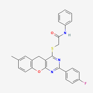 molecular formula C26H20FN3O2S B2956045 2-((2-(4-fluorophenyl)-7-methyl-5H-chromeno[2,3-d]pyrimidin-4-yl)thio)-N-phenylacetamide CAS No. 866729-83-1