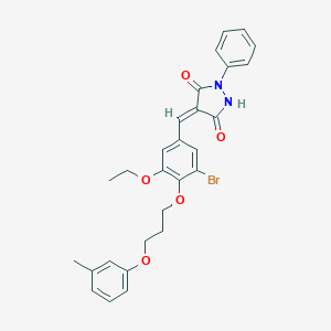 molecular formula C28H27BrN2O5 B295614 4-{3-Bromo-5-ethoxy-4-[3-(3-methylphenoxy)propoxy]benzylidene}-1-phenyl-3,5-pyrazolidinedione 