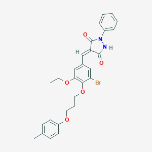 molecular formula C28H27BrN2O5 B295615 4-{3-Bromo-5-ethoxy-4-[3-(4-methylphenoxy)propoxy]benzylidene}-1-phenyl-3,5-pyrazolidinedione 
