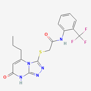 molecular formula C17H16F3N5O2S B2956181 2-((7-oxo-5-propyl-7,8-dihydro-[1,2,4]triazolo[4,3-a]pyrimidin-3-yl)thio)-N-(2-(trifluoromethyl)phenyl)acetamide CAS No. 895006-04-9