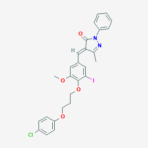 molecular formula C27H24ClIN2O4 B295619 4-{4-[3-(4-chlorophenoxy)propoxy]-3-iodo-5-methoxybenzylidene}-5-methyl-2-phenyl-2,4-dihydro-3H-pyrazol-3-one 